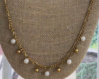 Faux Pearl, Gold tone Beaded Chain Necklace, Vintage, 30” (E7)