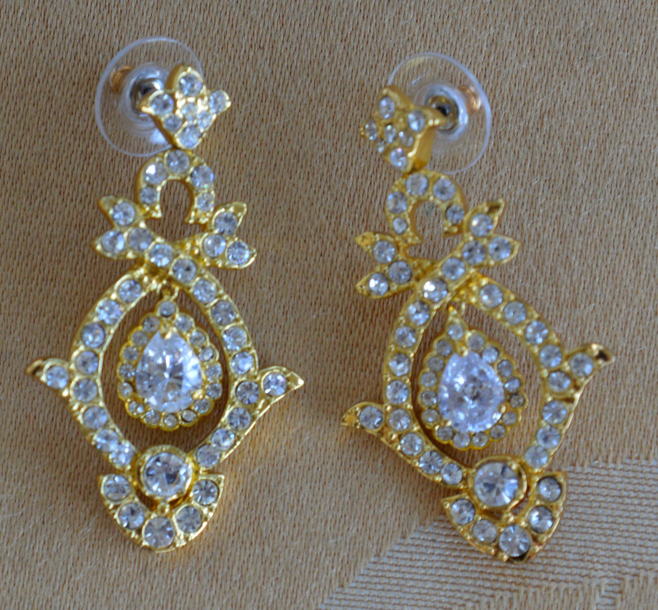 KJL Rhinestone, Gold Tone Dangle Pierced Earrings, Elegant