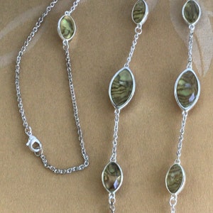 Pale Yellow, Dark Brown Beaded, Silver tone Chain Necklace, 36”, Vintage (S1)