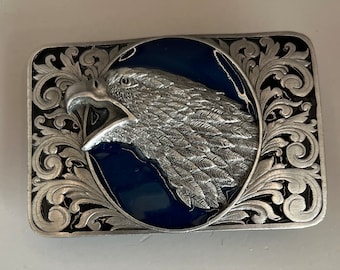 BERGAMOT Eagle Belt Buckle, Pewter tone, 1983, Vintage, Blue (M14)