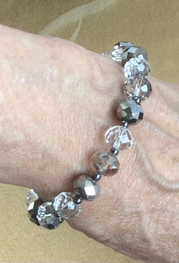 Metallic Gray, Clear Crystal Beaded Elastic Bracel