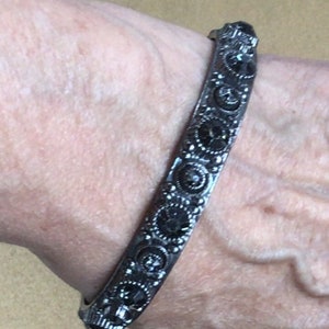 Faux Black, Gray Rhinestone Bangle Bracelet, Darkened Silver tone, Vintage