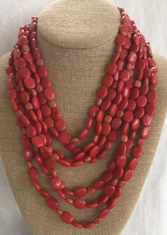 Red Plastic Beaded, Multi-strand Beaded Necklace, 