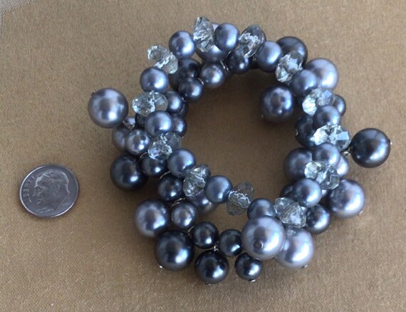 Gray Faux Pearl, Faux Crystal Beaded Elastic Brac… - image 3