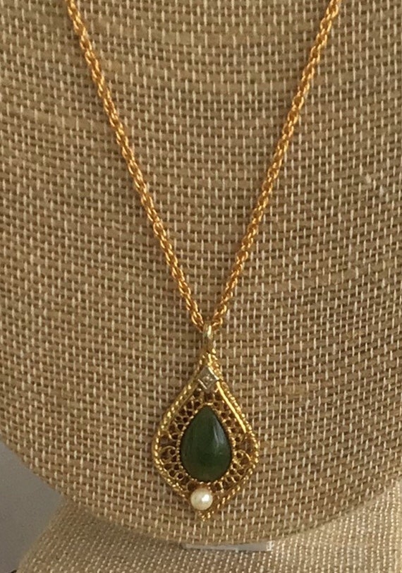 Green Jade, Faux Pearl, Faux Diamond Pendant Neck… - image 2