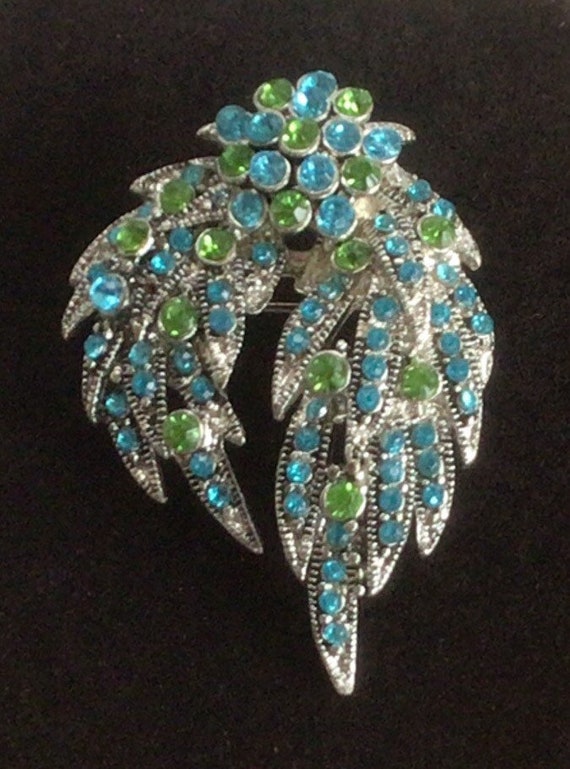 Aqua Blue, Peridot Green Floral, Leaf Brooch, Pin… - image 1