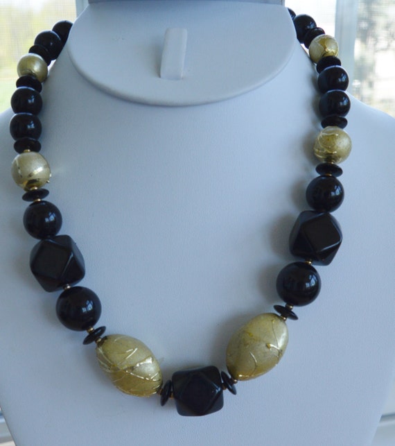 Pretty Vintage Black, Gold Beaded Chunky Necklace,