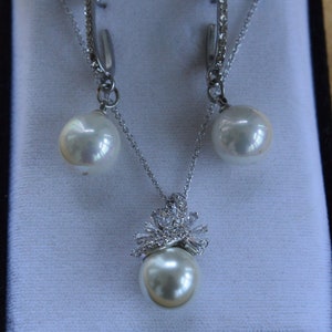 Faux Pearl, Rhinestone Necklace, Pierced Earrings Set, Silver tone, Vintage, 15&quot;, 17&quot;
