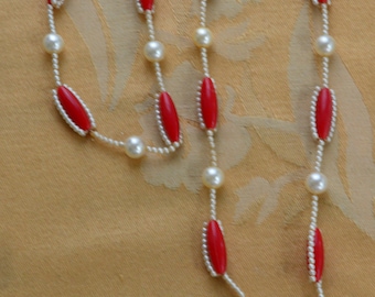 Red, Faux Pearl Beaded Necklace, Delicate, 30", 1950's, Vintage (J16)