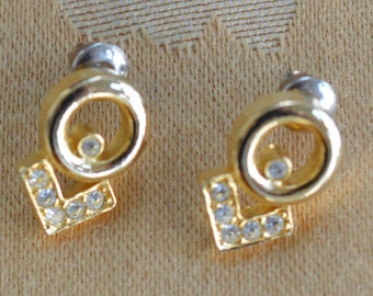 Rhinestone, Gold tone  Circle Pierced Earrings, Vintage (R15)