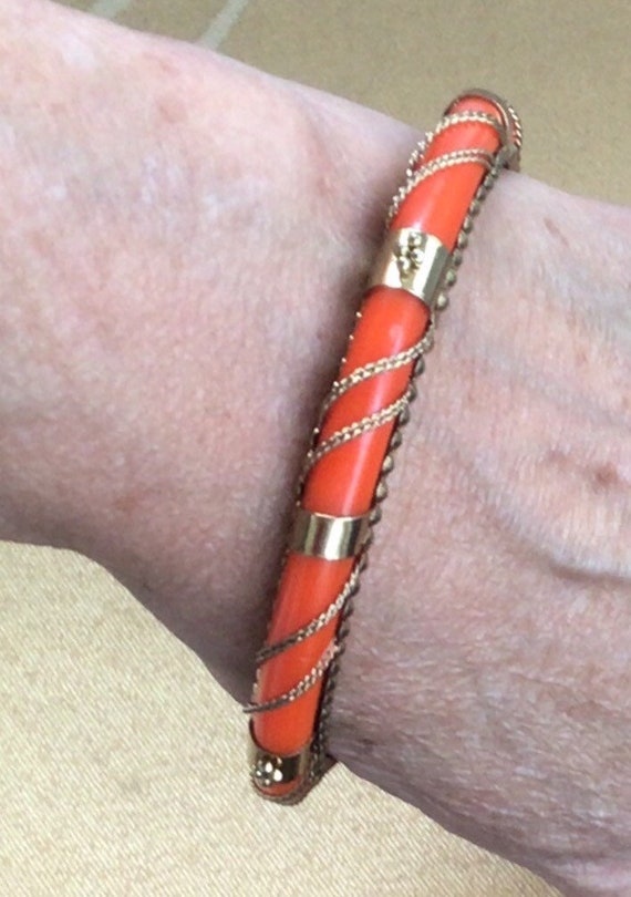 Orange Plastic, Metal Wire wrapped Bangle Bracelet