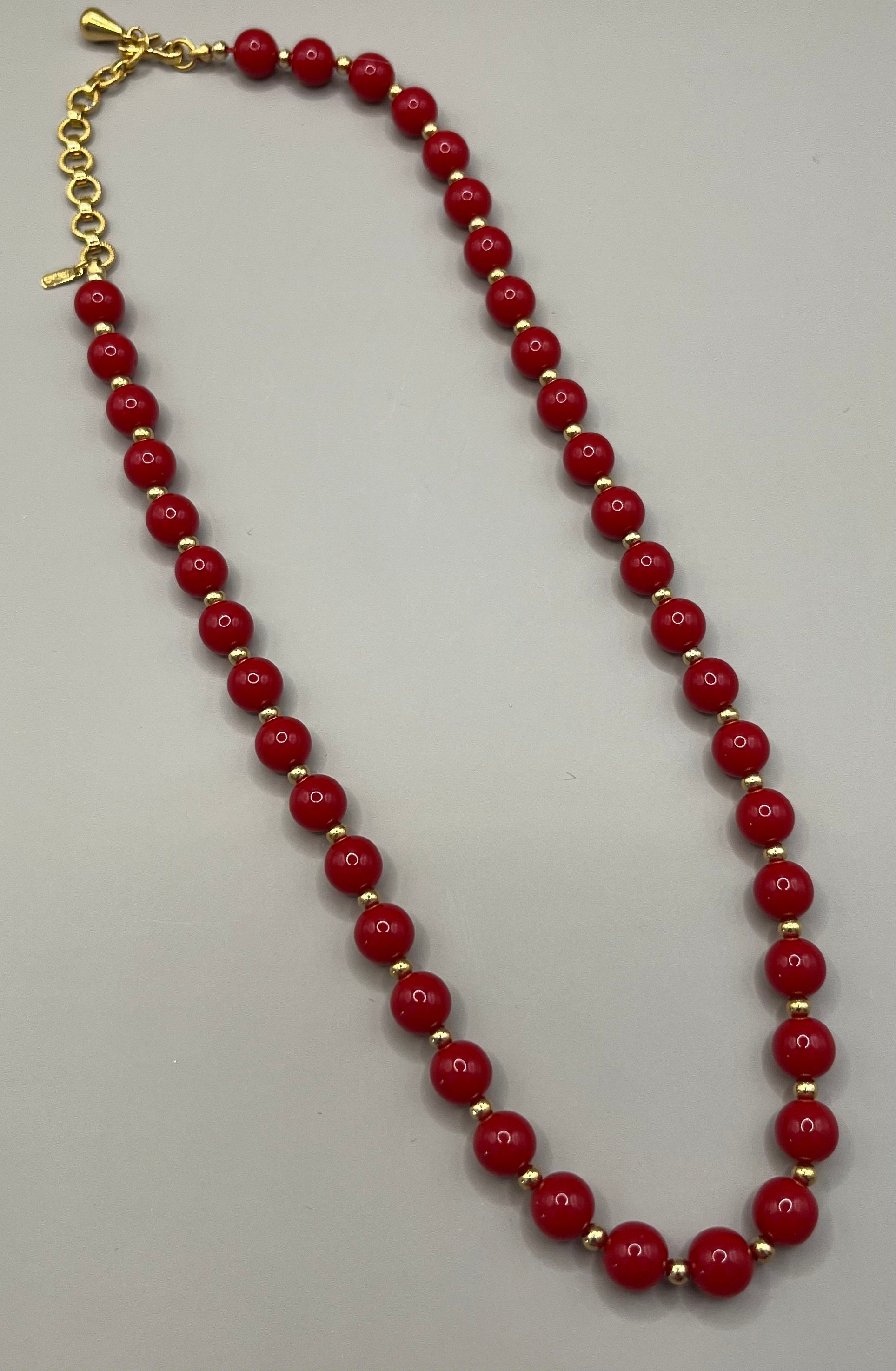 MONET Red Plastic Beaded Necklace, Gokd Tone, 16”-18”, Vintage (W1 