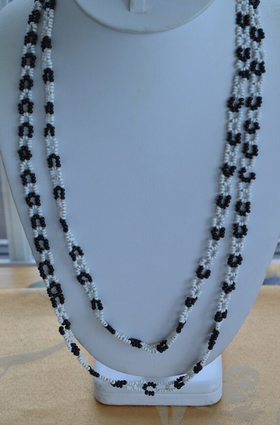 Black, White Glass Seed Bead Necklace, Long, 52", 