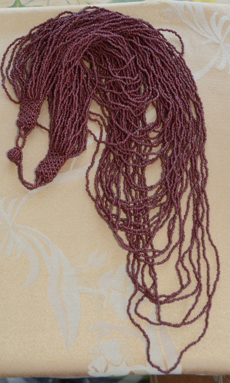 Pretty Vintage Reddish Brown Glass Seed Bead Multi-Strand Tribal Necklace 20-40