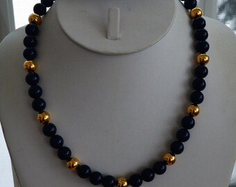 NAPIER Vintage Dark Navy Blue Plastic Beaded Necklace, Gold tone, 18"