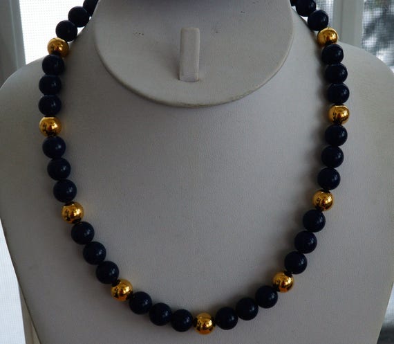 Navy Blue Beads with Silver Accents and Beads Necklace