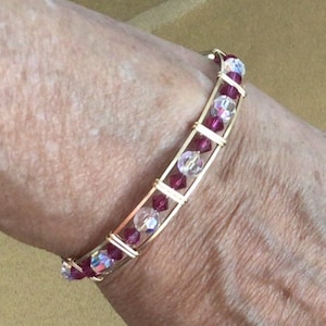 Fuschia Pink, Clear Aurora Borealis Crystal Bangle Bracelet, Gold tone, Small, Vintage (AF15)