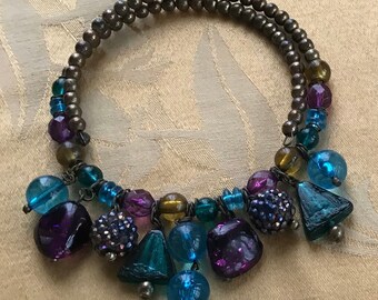Aqua Blue, Purple, Olive Green Glass Beaded Choker Necklace, Vintage, Small
