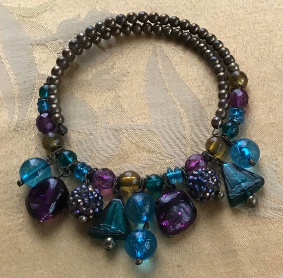 Aqua Blue, Purple, Olive Green Glass Beaded Choke… - image 1