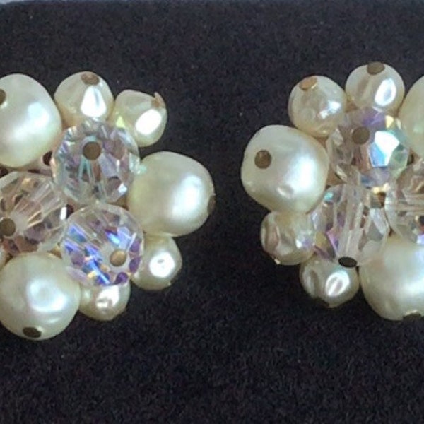 SCREWBACKS White Faux Pearl, Aurora Borealis Crystal Screw back Earrings, Gold tone, Vintage (R15)