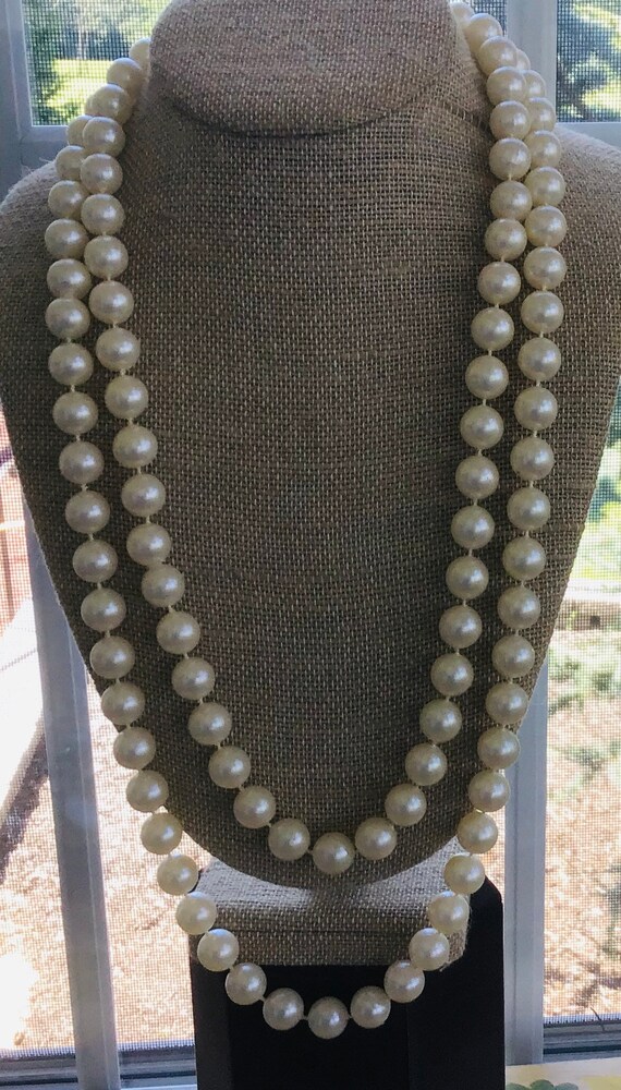 White 11mm Faux Pearl Necklace, Long, Vintage, 56” - image 1