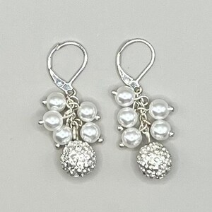 PIERCED White Faux Pearl Crystal Beaded Dangle Lever back Pierced Earrings, Silver tone (T15)