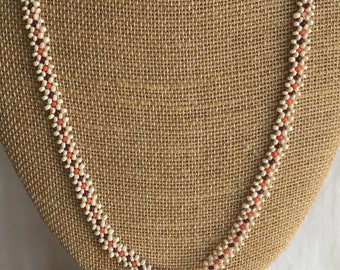 Orange, Brown, White Glass Seed Bead Floral Necklace, Vintage, 25” (D15)