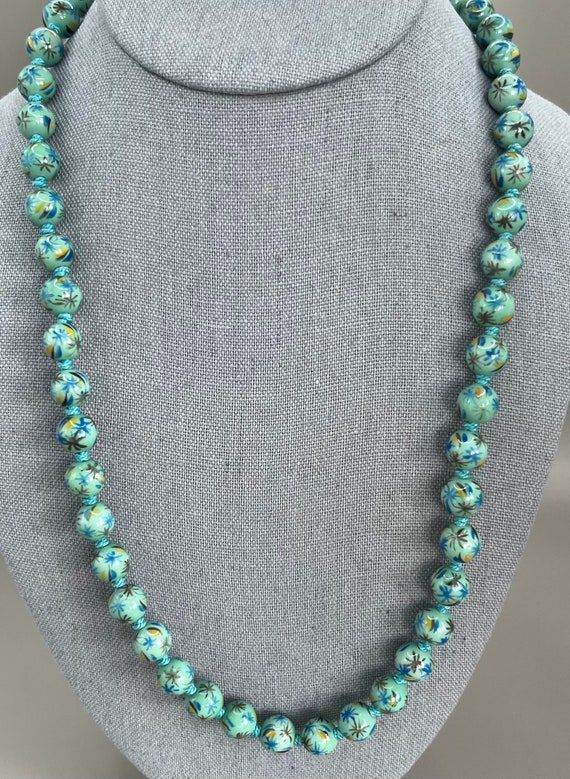 Light Aqua Handpainted 10mm Glass Beaded Necklace,