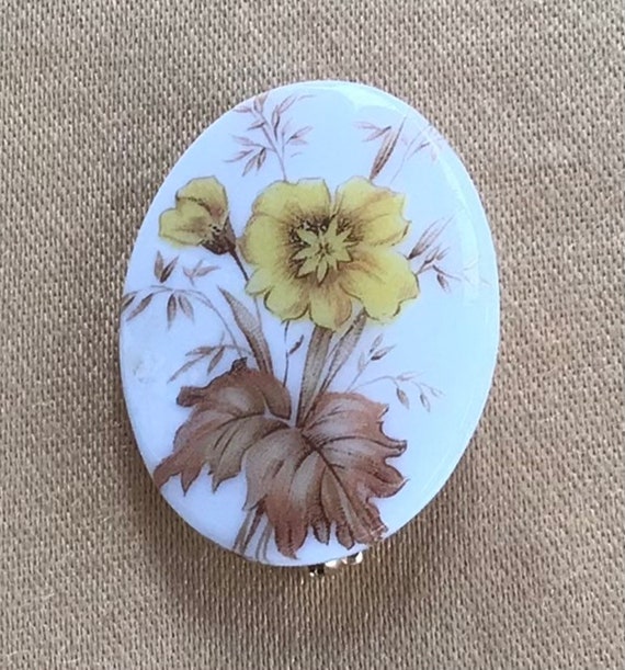 Yellow, Brown Floral Porcelain Oval Brooch, Pin, V