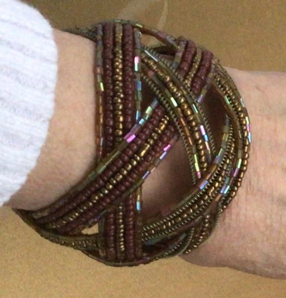 Bronze Bugle Bead, Seed Bead Woven Cuff Bracelet, 
