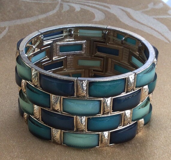 Green, Blue Elastic Wide Bracelet, Gold tone, Vin… - image 3