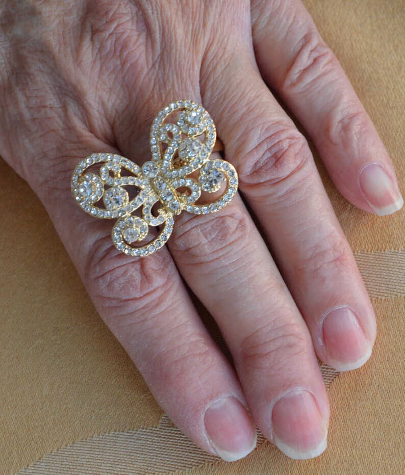 Vintage Gold tone Rhinestone Butterfly Ring Large TB406 Size 9