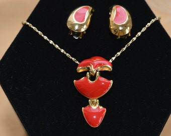 Pretty Vintage Red Enamel Necklace Set, Clip Earrings, Modern, 18", Jewelry Set, Demi Parure (AR10)