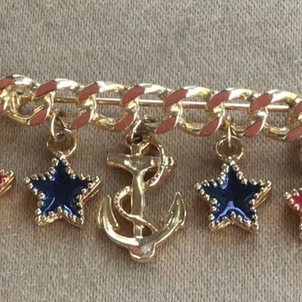 Red, Navy Blue Star, Anchor Bar Pin, Gold tone, Vintage (AO6)