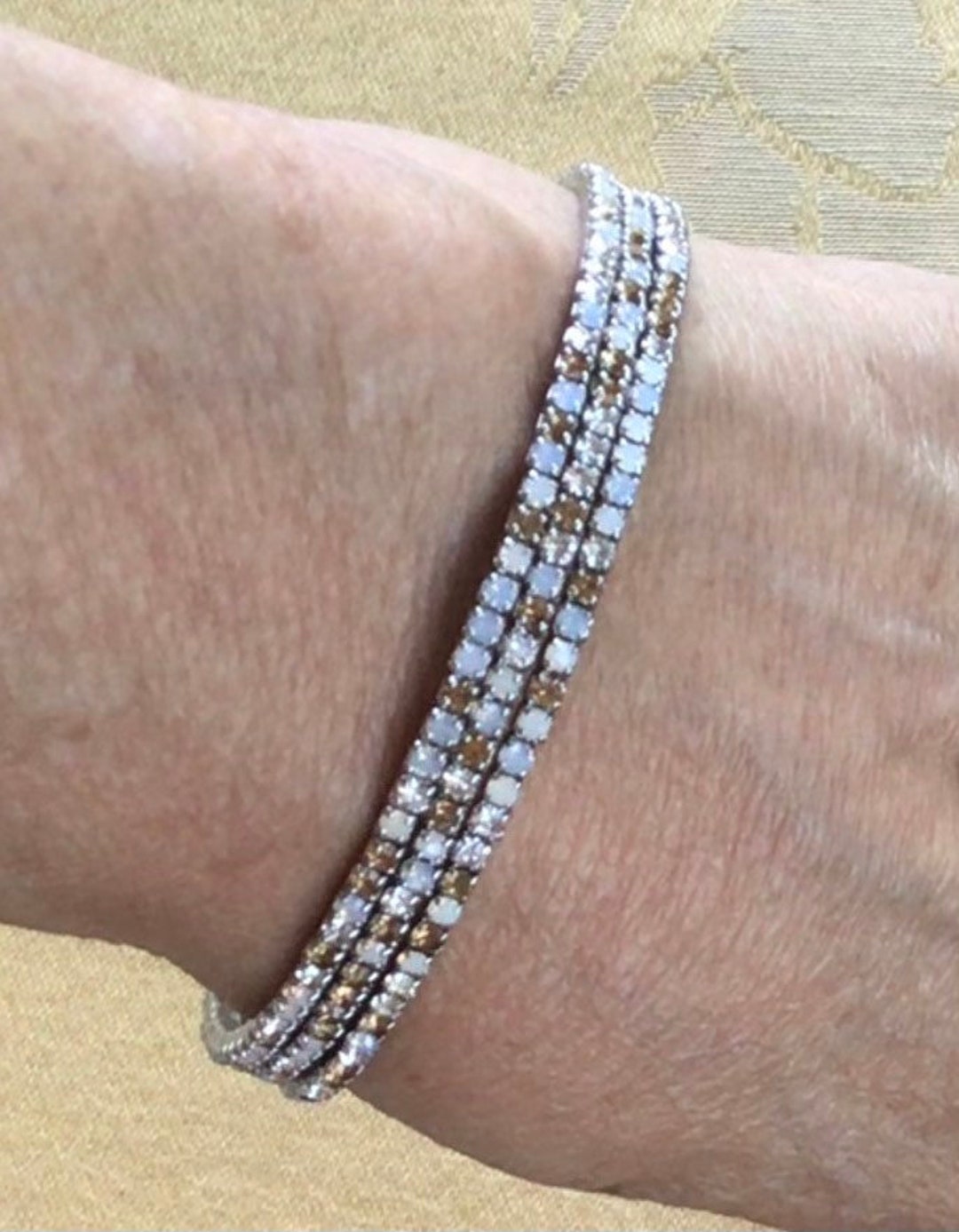 Brown, Opal, Clear Rhinestone Wrap Bangle Bracelet, Silver