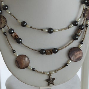 Brown Shell, Faux Pearl Multi-strand Beaded, Starfish Necklace, Silver tone, 17-1/2&quot;