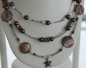 Brown Shell, Faux Pearl Multi-strand Beaded, Starfish Necklace, Silver tone, 17-1/2"