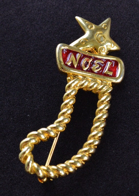 Noel Christmas Stocking Pin, Brooch, Gold tone, S… - image 1