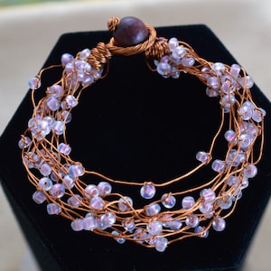 Pretty Vintage Clear Glass Beaded, Copper Wire Wrap Bracelet,  Small (AM8)