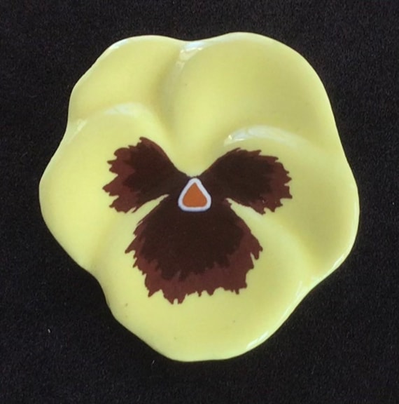 AVON Yellow, Brown Porcelain Pansy Pin, Brooch, F… - image 1