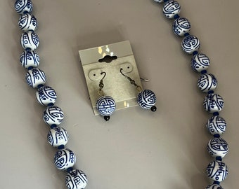 Royal Blue, White Asian Porcelain Beaded Necklace, Earrings Set, 24” (M7)
