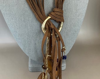 CHICO’S Purple, Brown, Blue Beaded, Suede Tassel Necklace, 16”-20”