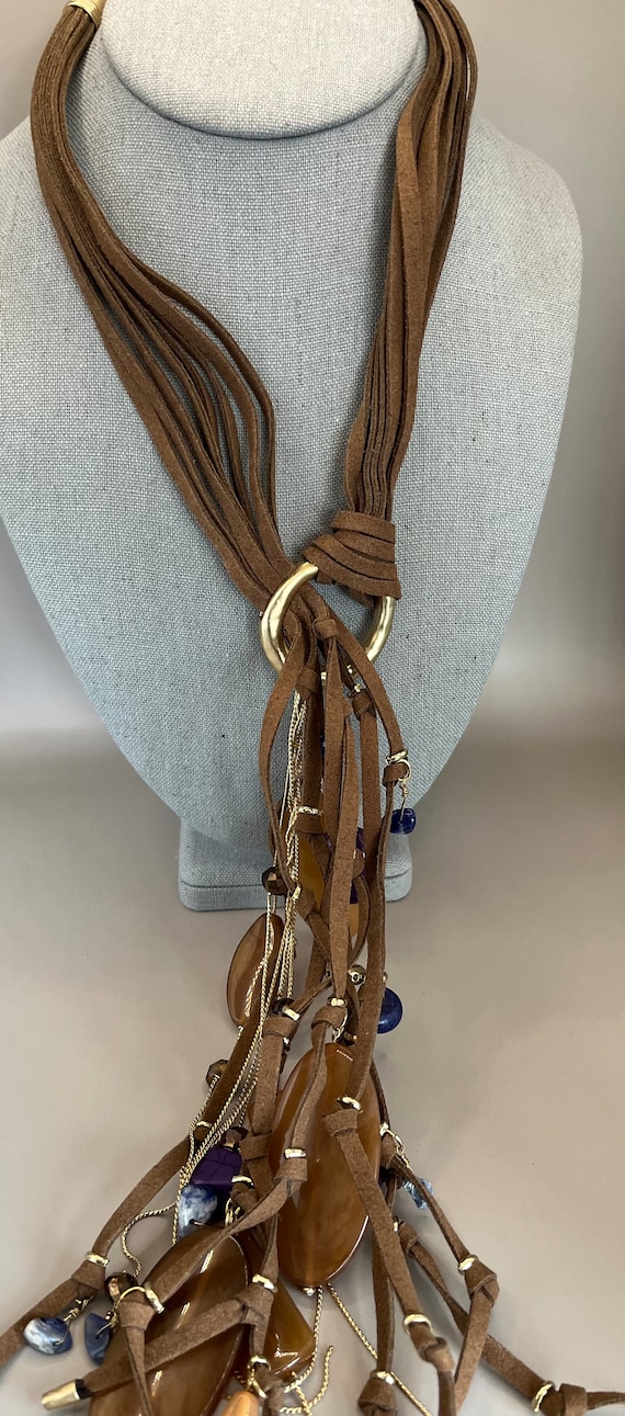 CHICO’S Purple, Brown, Blue Beaded, Suede Tassel N