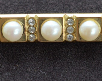 Faux Pearl, Rhinestone Bar Pin, Gold tone, Vintage (D16)