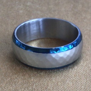 Silver, Blue Stainless Steel Wedding Band Ring, Size 11 (AQ16)