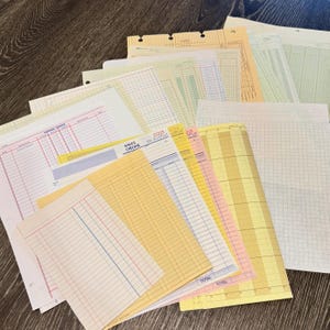 May include: A selection of vintage accounting ledger paper in various colours, including yellow, pink, and green. Some sheets have pre-printed lines and columns, while others are blank. The words "SALES ORDER" and "TOTAL" are visible on some sheets.