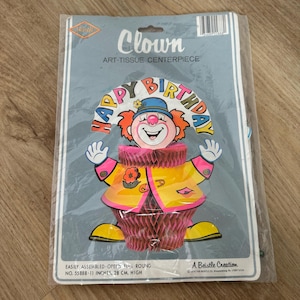 Centro de mesa de papel tisú con diseño de payaso de The Beistle Co. de 1978 con la frase "Feliz cumpleaños" - Papel efímero antiguo - Junk Journaling