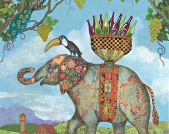 Matted Print - Wine Whimsy: Elephant Grape Crusher