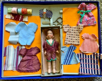 VINTAGE 1936 Jean Darling “Sewing Outfit” in Original Box with Composition Doll, Multiple Outfits & Accessories