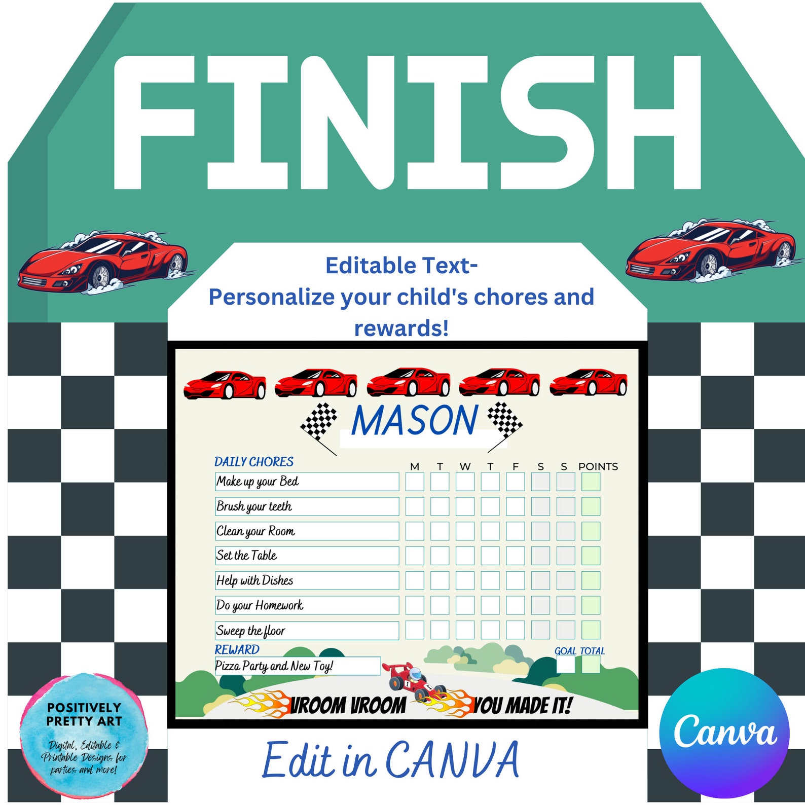 EDITABLE Race Car Reward Chart Race Car Chore Chart Race Car Etsy